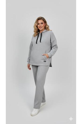 Koza Butik Дамски комплект спортен екип с дълъг ръкав, качулка и кенгуру джоб, размер плюс 8211-26