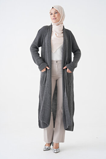 vuvutasarım Women's Knitwear Fabric Double Pocket Detailed Shawl Collar Long Anthracite Hijab Clothing Cardigan 5001