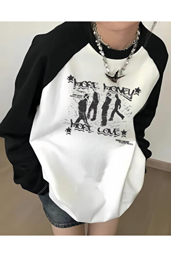 Touz Moda Pinterest Design Raglan Long Sleeve Printed White T-Shirt