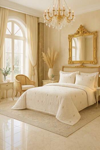 Evimcim Double Premium Pike Set – Cream Color, Embossed Floral Pattern