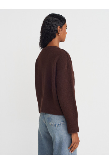 Dilvin 10645 V-Neck Soft Textured Knit Sweater-Brown