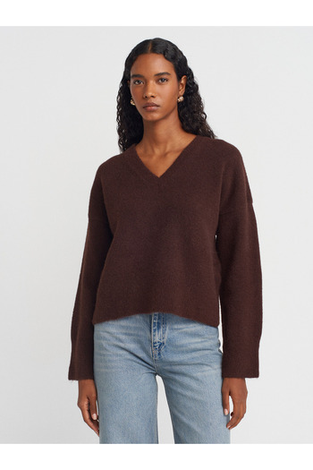 Dilvin 10645 V-Neck Soft Textured Knit Sweater-Brown