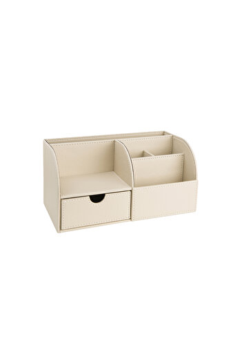 2K Desktop Organizer, Pen Holder, Remote Control Holder, Cube Notepad Holder, Tablet Holder, Bookshelf, 6 Compartments, Drawers, Beige