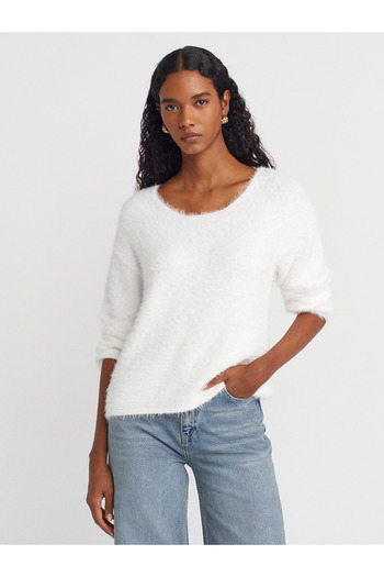 Dilvin 10806 Boat Neck Soft Textured Knit Sweater-Ecru
