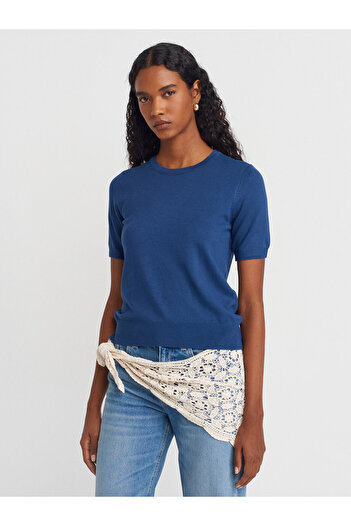Dilvin 10779 Crew Neck Short Sleeve Basic Knitwear Blouse-Indigo