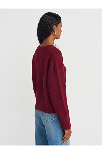 Dilvin 10645 Pulover tricotat cu textura moale cu decolteu în V-Burgundy