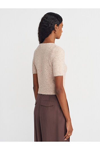 Dilvin 10651 Crew Neck Soft Textured Short Sleeve Knit Sweater-Beige Melange