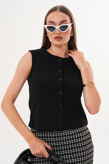 ŞİMAL Women's Glitter Detailed Button Closure Vest 255078 -