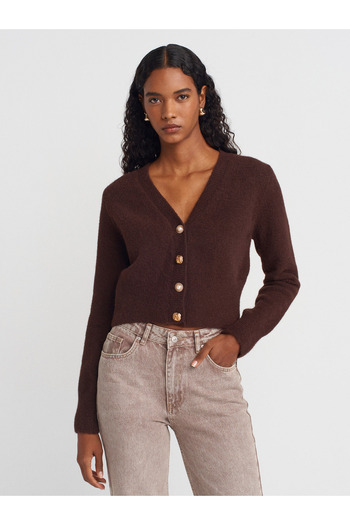 Dilvin 60273 V-Neck Buttoned Knitwear Cardigan-Brown
