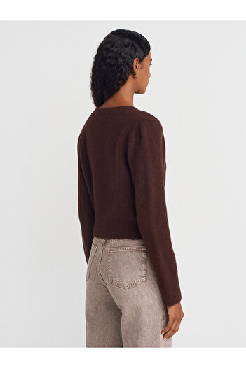 Dilvin 60273 V-Neck Buttoned Knitwear Cardigan-Brown