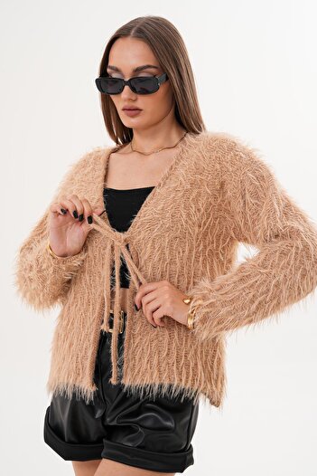 ŞİMAL Women's Feather Detailed Front Tie Knit Cardigan 255089 -