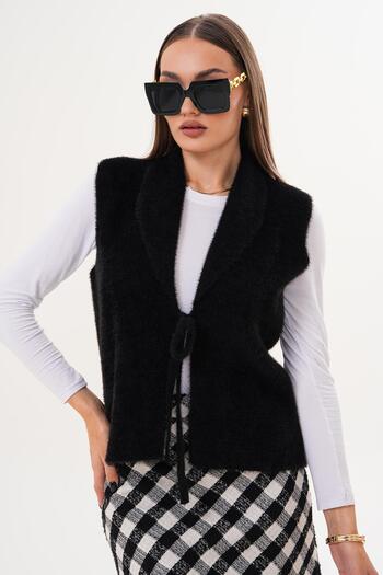 ŞİMAL Women's Feathered Front Tie Shawl Collar Vest 255090 -