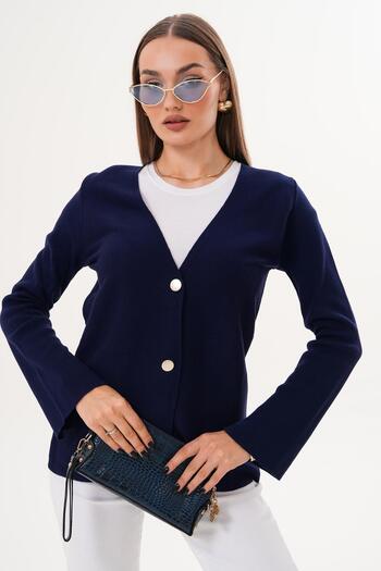 ŞİMAL Women's Double Button Detailed Sleeve Slit Cardigan 255092 -