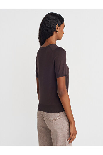 Dilvin 10779 Crew Neck Short Sleeve Basic Knitwear Blouse-Dark Brown