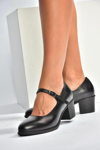 Fox Shoes V468297203 black genuine leather thick heeled women's shoes