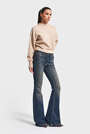 its basic Kadın T.Kot Rengi 2w5-8 Mid Rise Flare Fit İç Boy 83cm Esnek Kumaş Denim Jean