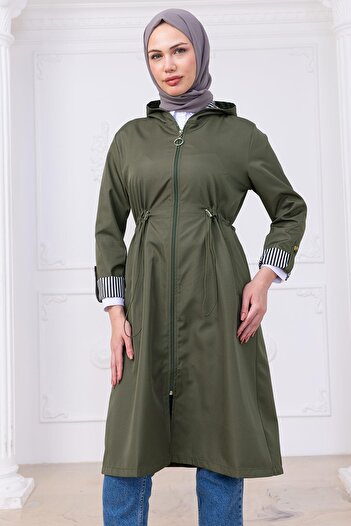 hafsamina Stripe Detailed Trench Coat Khaki Hm2283