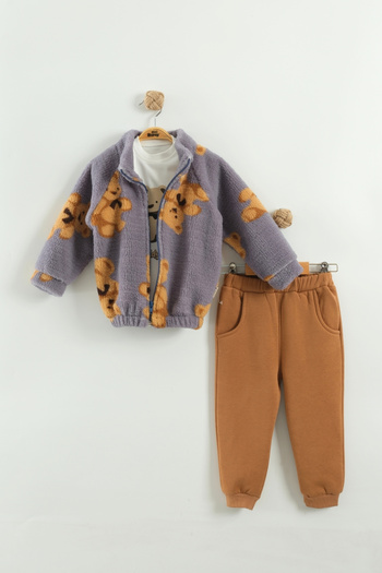 Mini Baray Girl's Bear Pattern Plush 3-Piece Plush Tracksuit Set (2-3-4 Years Old)
