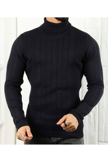 meday Clothing Men's Turtleneck Vertical Striped Fit Knit Sweater