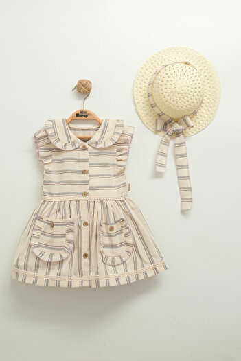 Mini Baray Girl's Ruffled Striped Dress and Hat Set (1-2-3-4 Years Old)