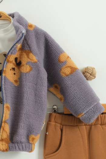 Mini Baray Girl's Bear Pattern Plush 3-Piece Plush Tracksuit Set (2-3-4 Years Old)
