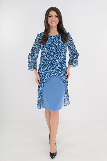 Vanessa Line RO Rochie eleganta albastra cu imprimeu floral si aspect suprapus