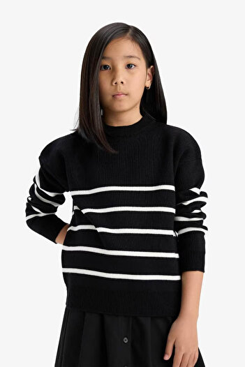DeFacto Crew Neck Striped Knitwear Black Girls' Sweater Z0194A6/Bk27
