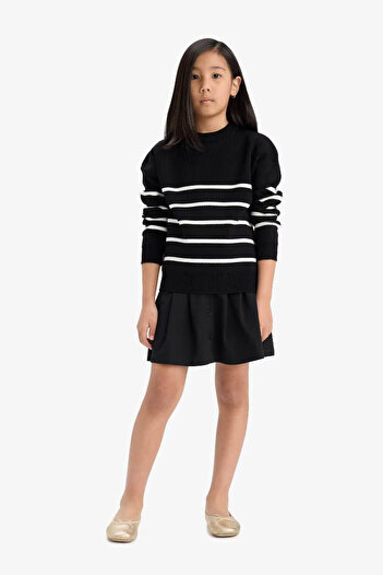 DeFacto Crew Neck Striped Knitwear Black Girls' Sweater Z0194A6/Bk27