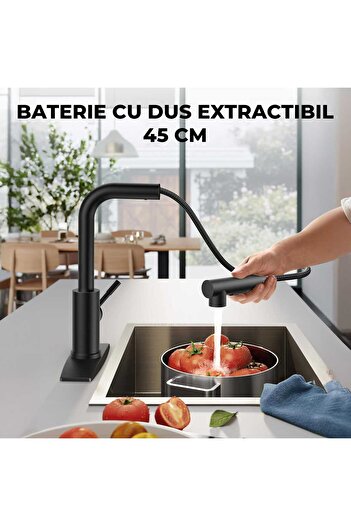 Elindor Baterie de bucătărie cu o singură manetă, pulverizator extractibil, oțel inoxidabil, negru
