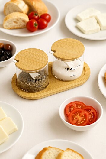isra kristal Bamboo Lid Glass Spice Jar Set of 2 – Storage Container with Spoon and Stand