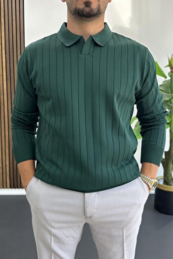 Edwox Men's Open Collar Regular Fit Sweater Green Edw412