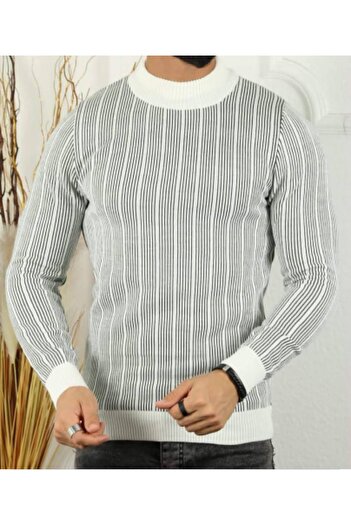 meday Clothing Men's Half Turtleneck Vertical Striped Fit Knit Sweater