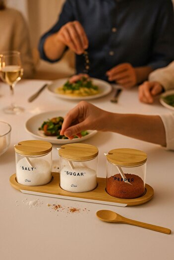 isra kristal Bamboo Lid Glass Spice Jar Set of 3 – Storage Jar with Spoon and Stand