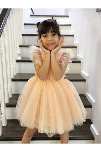 Mamboo Beige Tulle Train Dress for Girls 2-9 Years