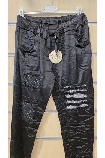 Park Moda Italian Shiny Pants with Mesh and Sequin Detailing