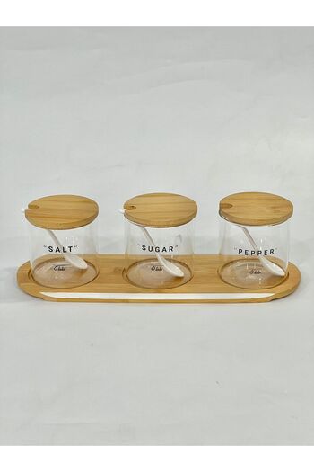 isra kristal Bamboo Lid Glass Spice Jar Set of 3 – Storage Jar with Spoon and Stand