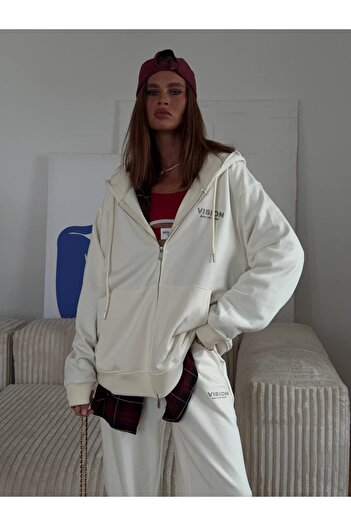 The Champ Clothing Γυναικείο σετ φόρμας oversize Vision με στάμπα λευκό – Φούτερ με φερμουάρ, μέση με κορδόνια, πόδια σε σχήμα σωλήνα