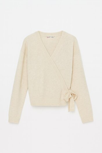 Mixray 6959 Women's Bow Knit Cardigan Natural