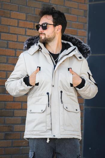 Oksit Remo Fur Lined Hooded Canvas Long Coat Parka