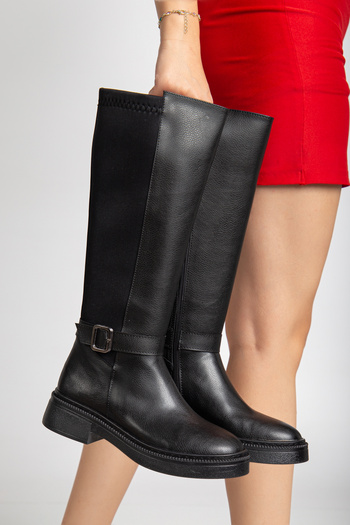 Entella Store Women's Black Matte Leather Buckle Detailed Stretch Boots