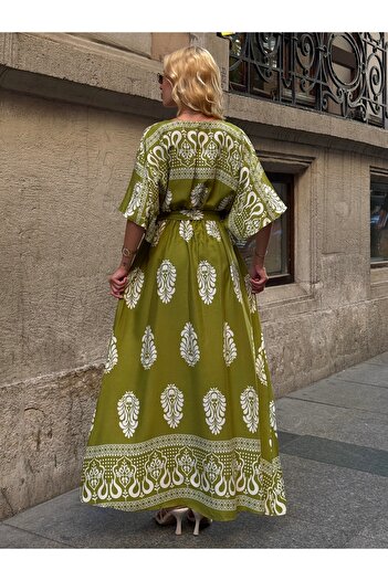 Tubik Women's V-Neck Belted Waist Gipeli Patterned Dress