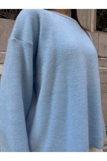Hatun Atila Pulover oversize cu gât rotund, cu textura moale, tricotat, 2618 - Albastru