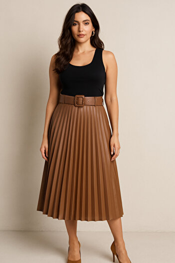 BLESSİNGTR Women's Thin Pleated Leather Skirt