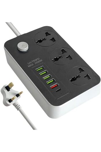 SKY TOUCH كابل تمديد شرائط الطاقة SKY-TOUCH بثلاثة منافذ، مقبس طاقة مع 5 منافذ USB ومنفذ واحد من النوع C عالمي