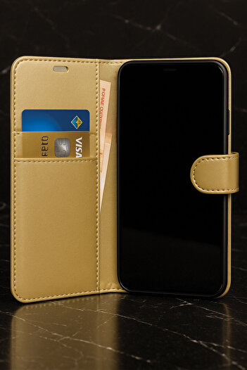 omix X400 Case with Faux Leather Wallet, Card Holder and Stand Black/Gold 2 Pieces