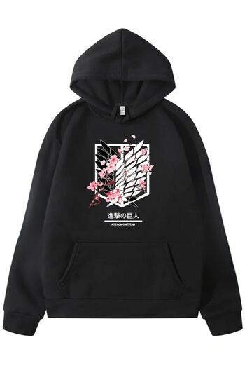 caddekombin Sakura Discovery Union Printed Hooded Cotton Black Sweatshirt with Pockets
