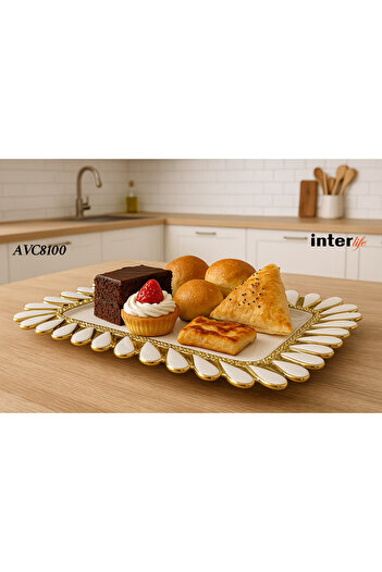 İnterlife Gilded Serving Presentation Plate Gold Detailed Rectangular Luxury Multi-Purpose Porcelain Plate 35*23 cm