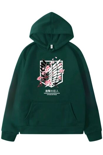 caddekombin Sakura Discovery Union Printed Hooded Cotton Green Sweatshirt with Pockets