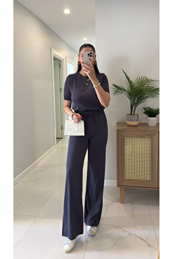 BİRCANÇİL Chone Anthracite Short Sleeve Knitwear Trouser Set