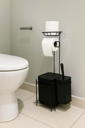 Wirewel Yedekli Siyah Kare WC Kağıtlığı Tuvalet Fırçalığı Çöp Kovası Seti, Metal Askılı WC Kağıtlık Fırça